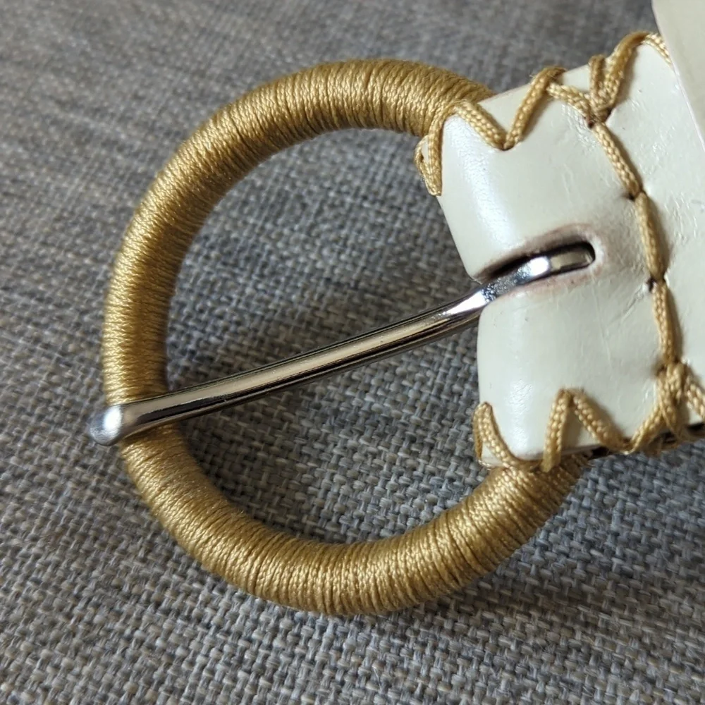 Ivory Genuine Leather Beaded Belt Gold Whipstitch Sequin Boho Western